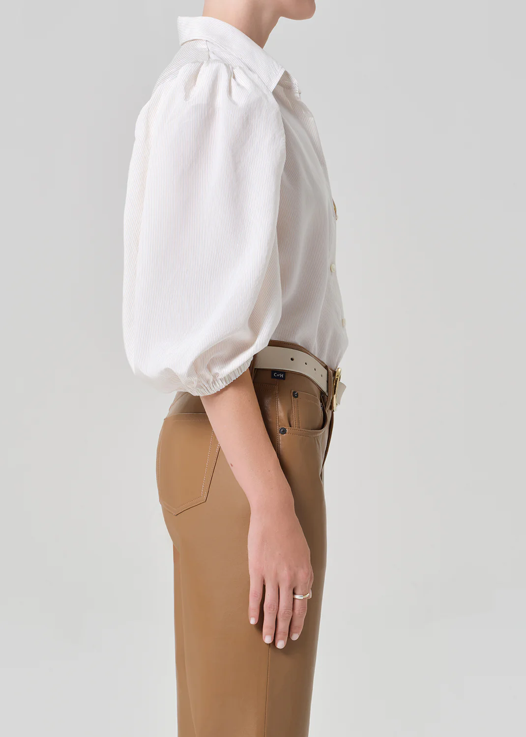Anya Puff Sleeve Shirt in Sand Microstripe - Image 3