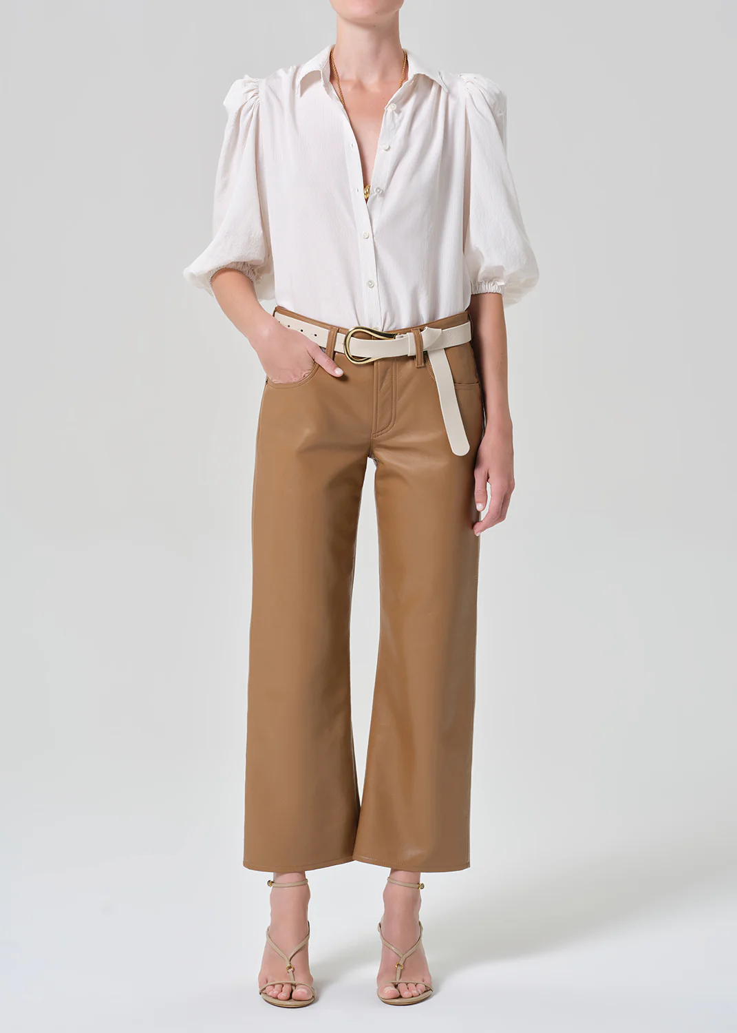 Anya Puff Sleeve Shirt in Sand Microstripe - Image 5