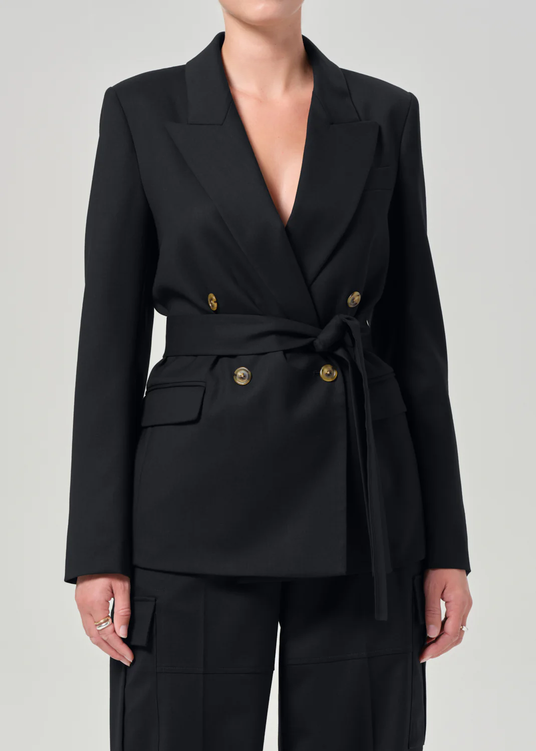 Belted Peak Label Blazer in Black