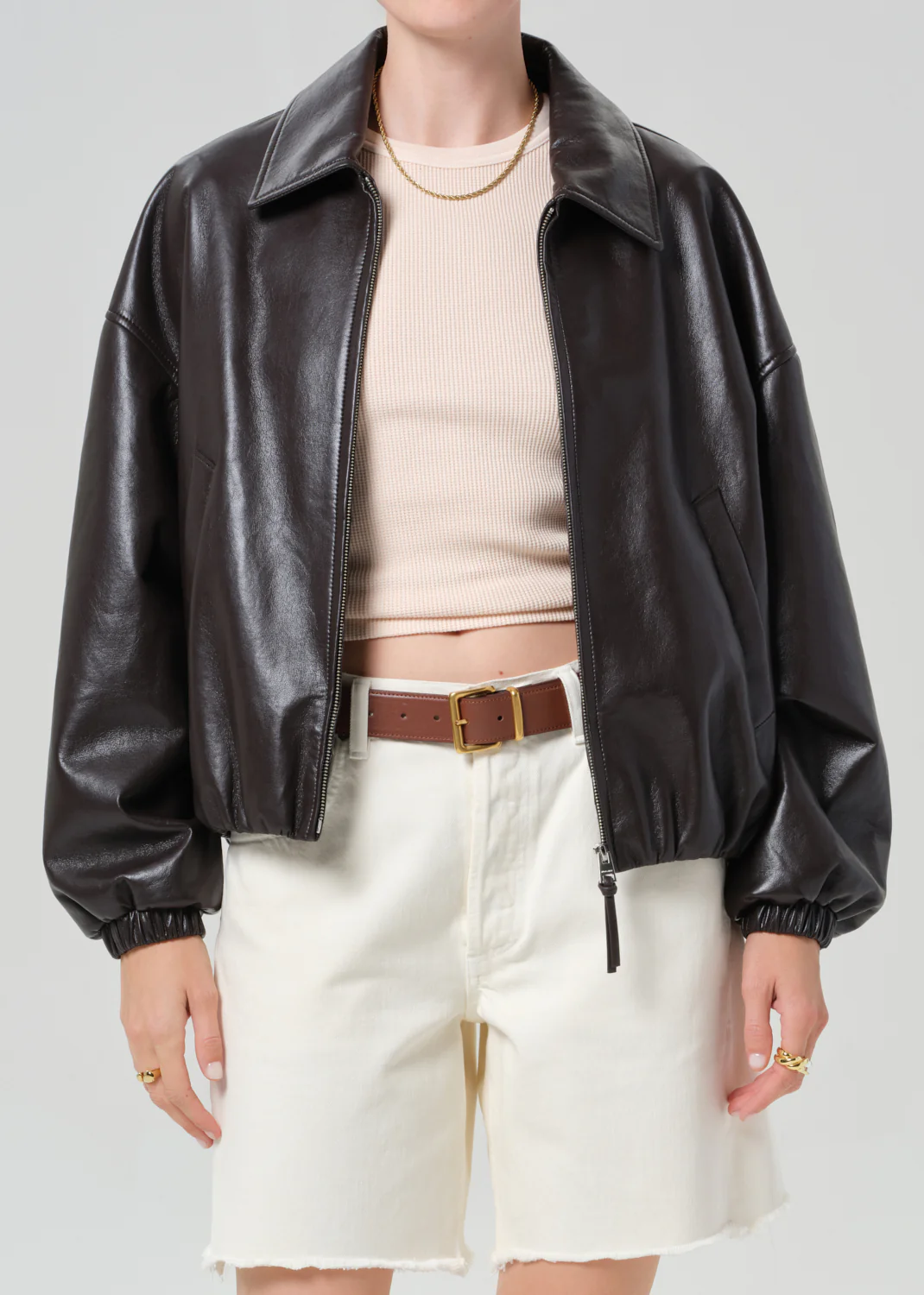 Bubble Hem Recycled Leather Bomber Jacket in Chocolate Dark Brown