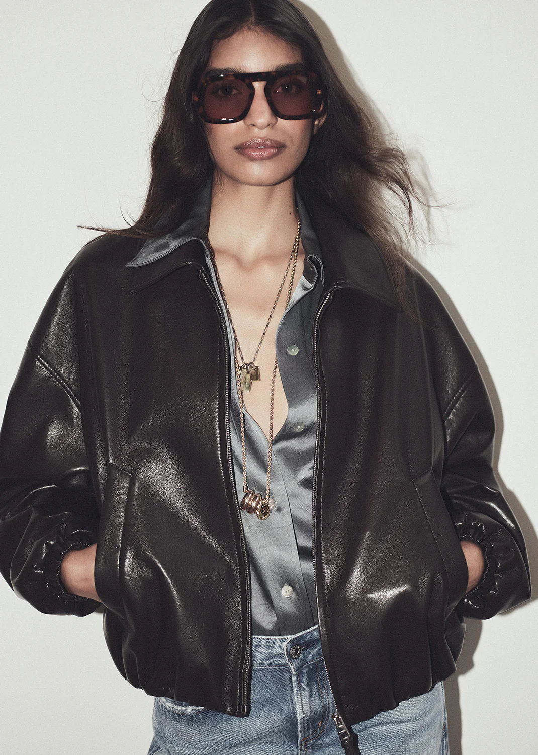 Bubble Hem Recycled Leather Bomber Jacket in Chocolate Dark Brown - Image 2
