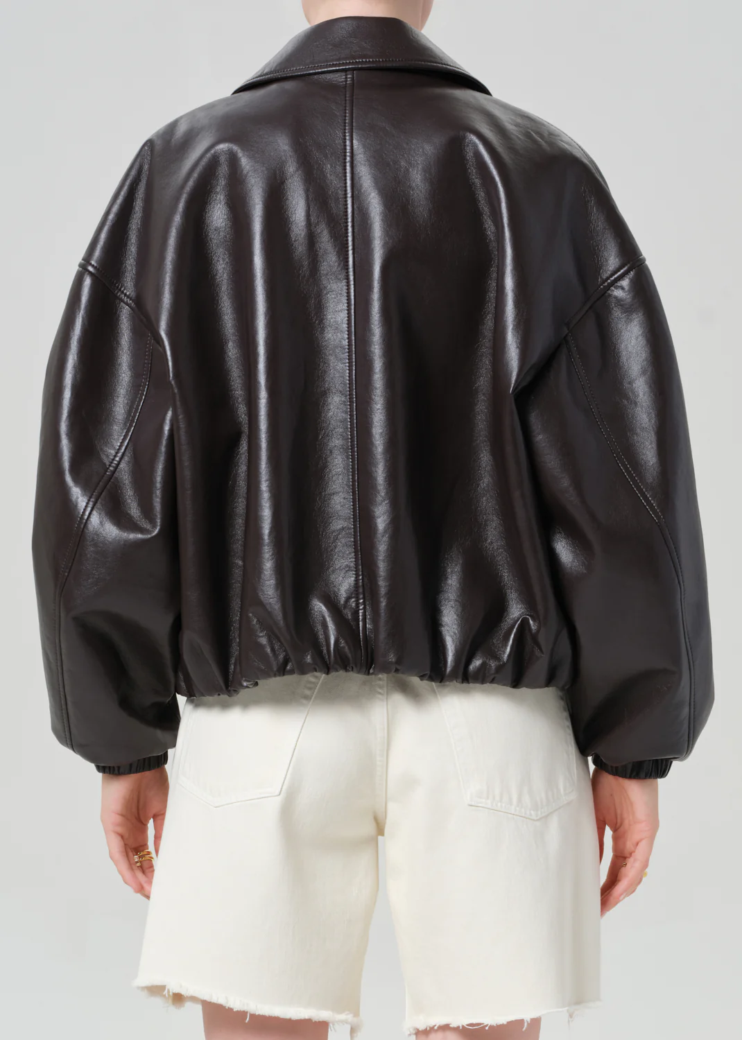 Bubble Hem Recycled Leather Bomber Jacket in Chocolate Dark Brown - Image 3