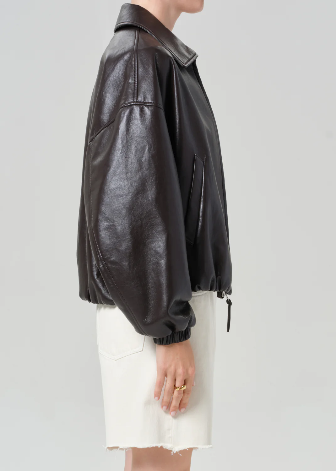 Bubble Hem Recycled Leather Bomber Jacket in Chocolate Dark Brown - Image 4