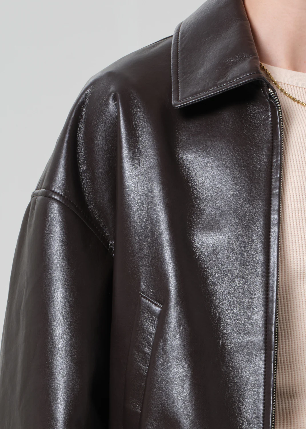 Bubble Hem Recycled Leather Bomber Jacket in Chocolate Dark Brown - Image 5