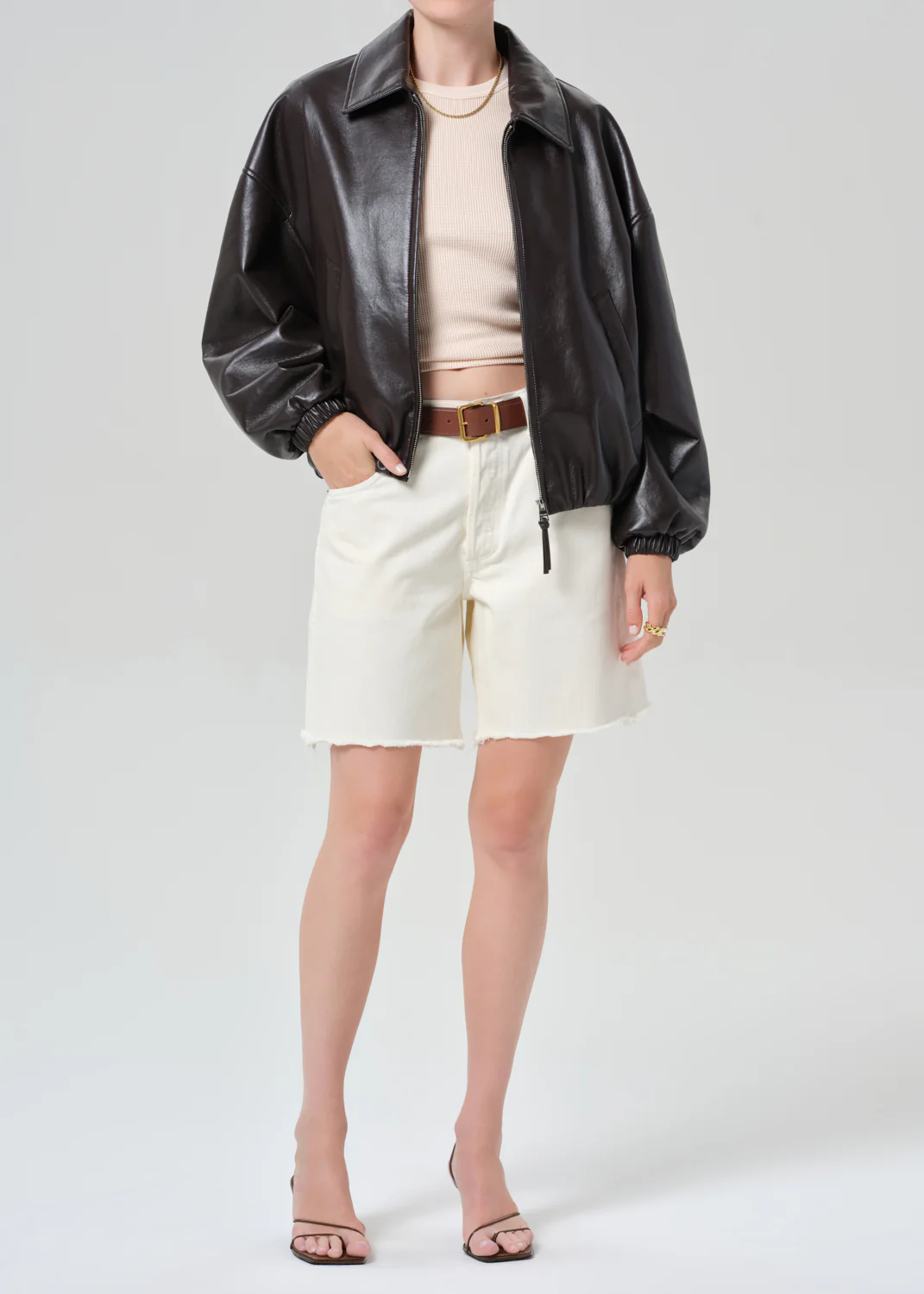 Bubble Hem Recycled Leather Bomber Jacket in Chocolate Dark Brown - Image 6