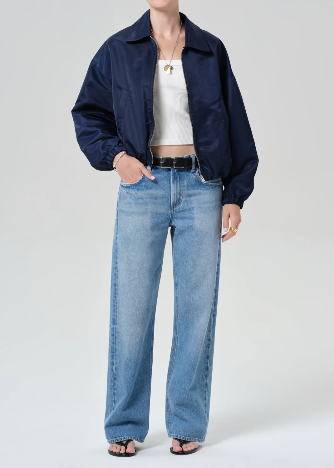 Bubble Hem Bomber Jacket in Navy - Image 6