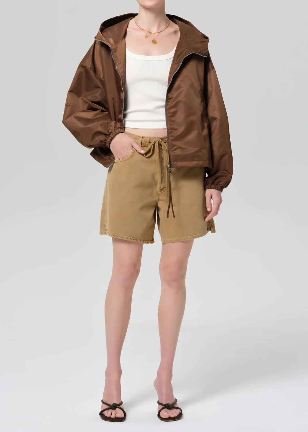 Cropped Nylon Windbreaker in Brown - Image 5