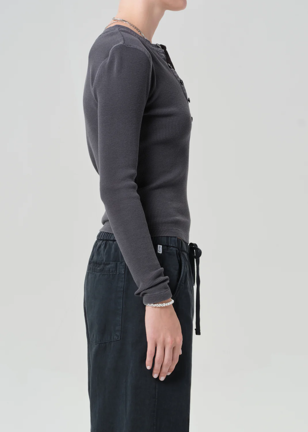 Drea Waffle Henley in Charcoal - Image 3