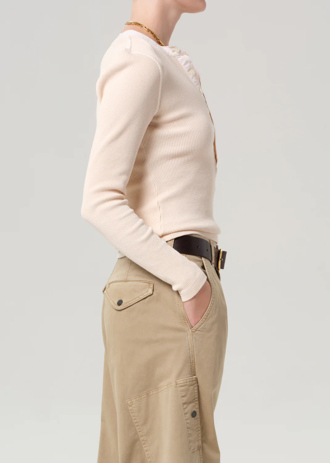 Drea Waffle Henley in Shrimp - Image 3