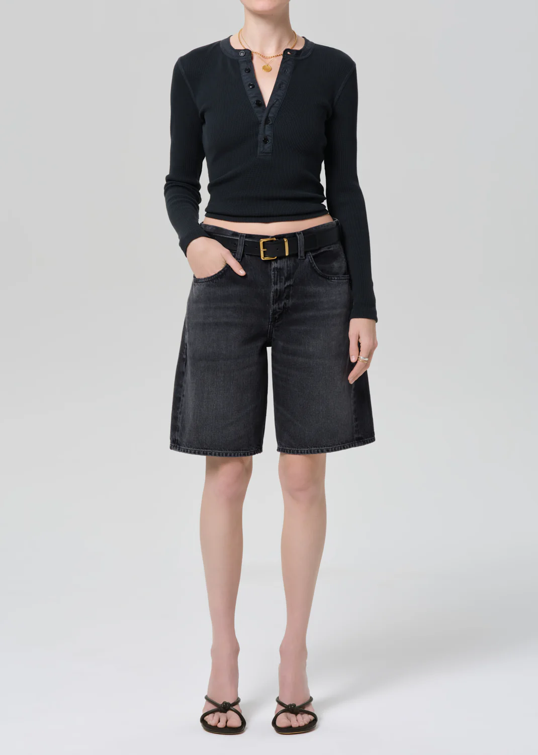 Drea Waffle Henley in Washed Black - Image 5