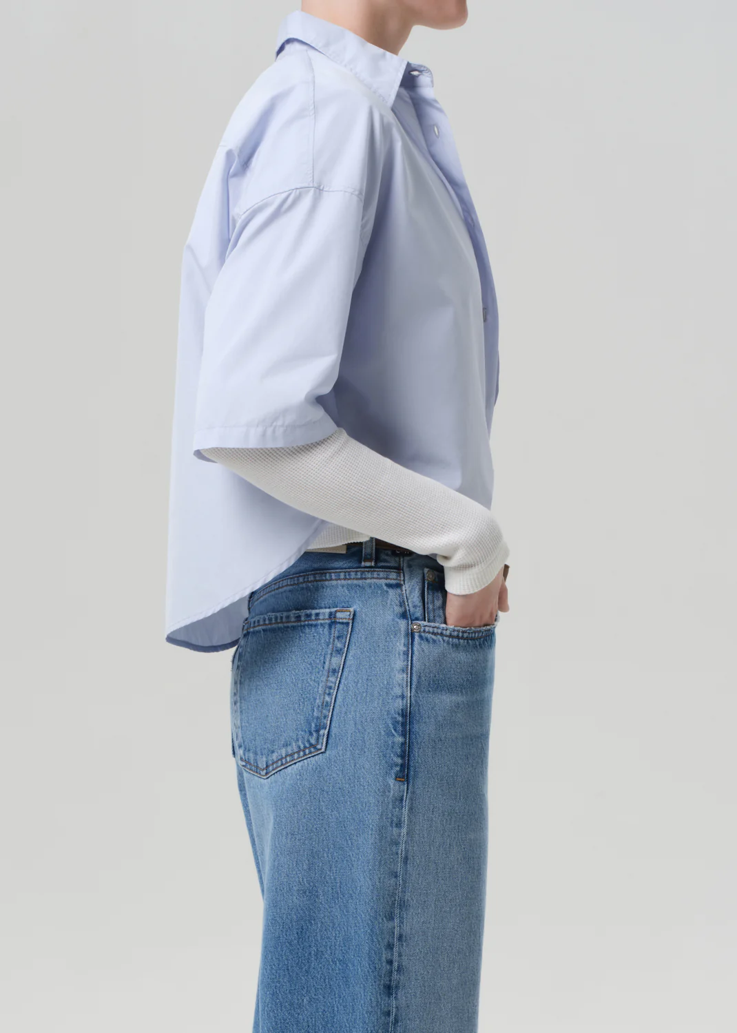 Frances Cropped Cape Button Up in Baby Blue - Image 3