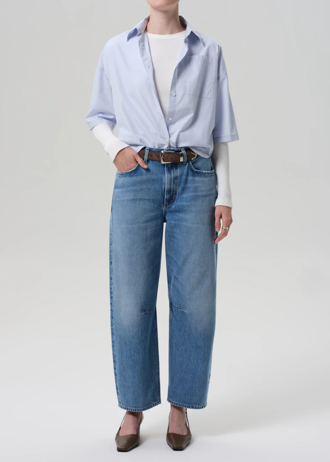 Frances Cropped Cape Button Up in Baby Blue - Image 5