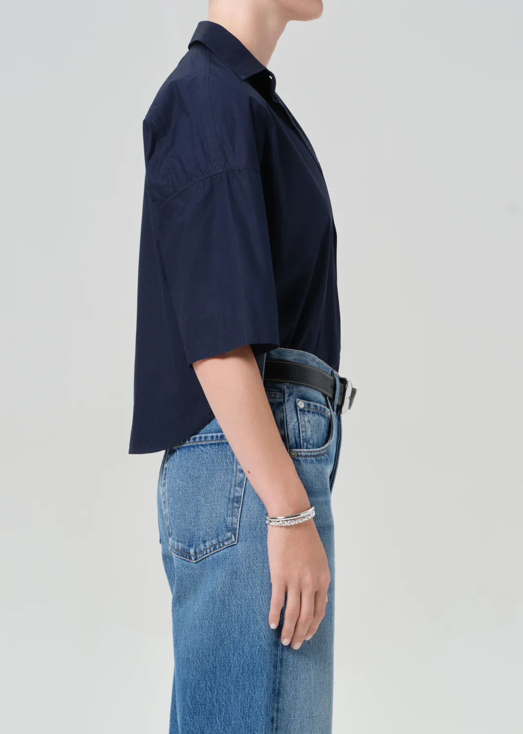 Frances Cropped Cape Button Up in Navy - Image 3