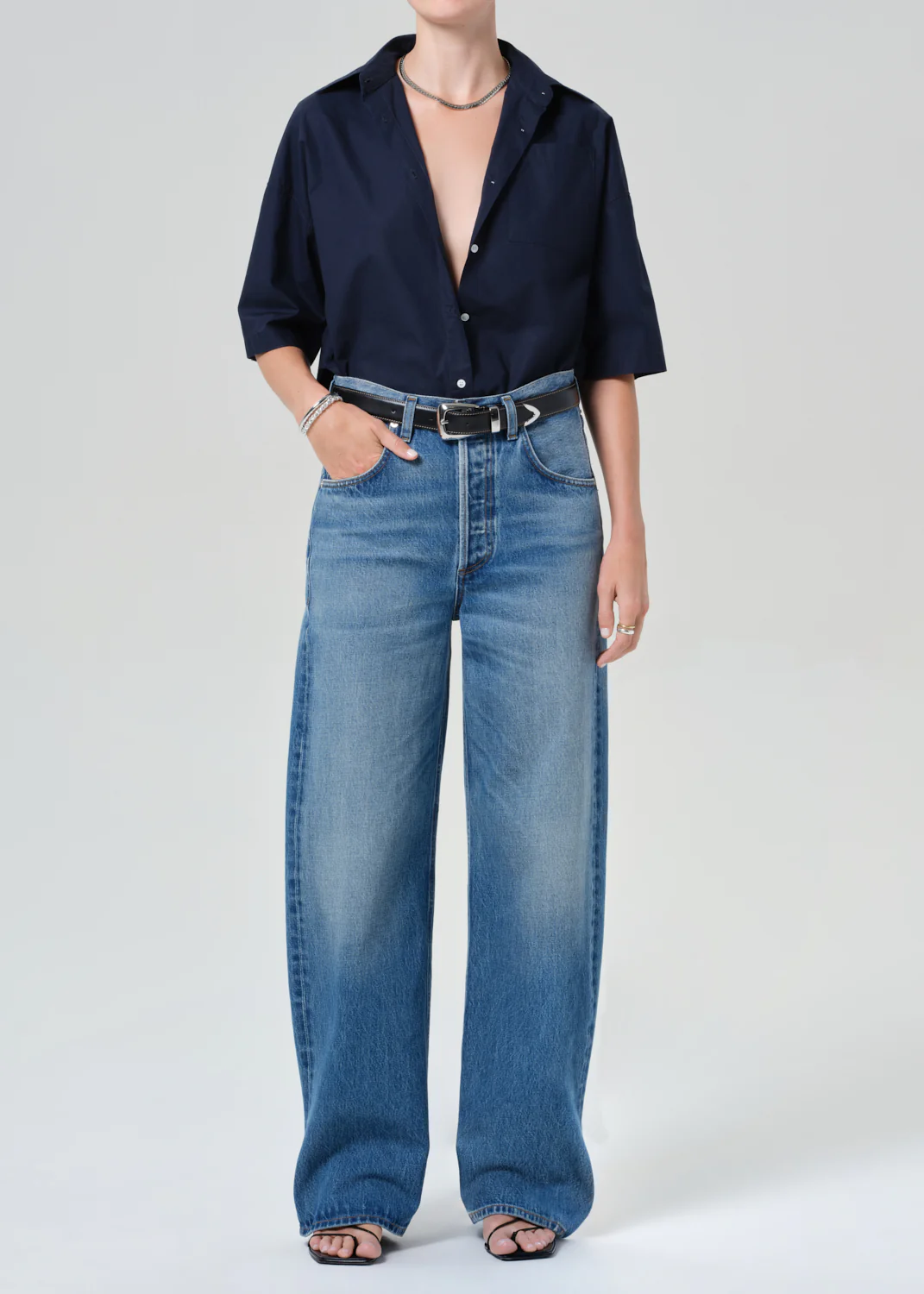Frances Cropped Cape Button Up in Navy - Image 5