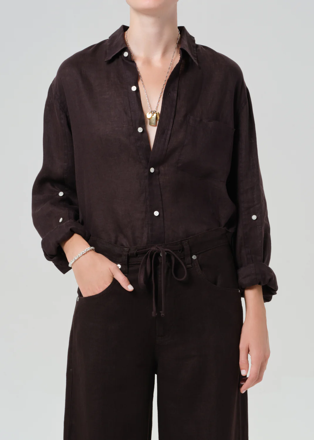 Kayla Shrunken Linen Shirt in Chocolate