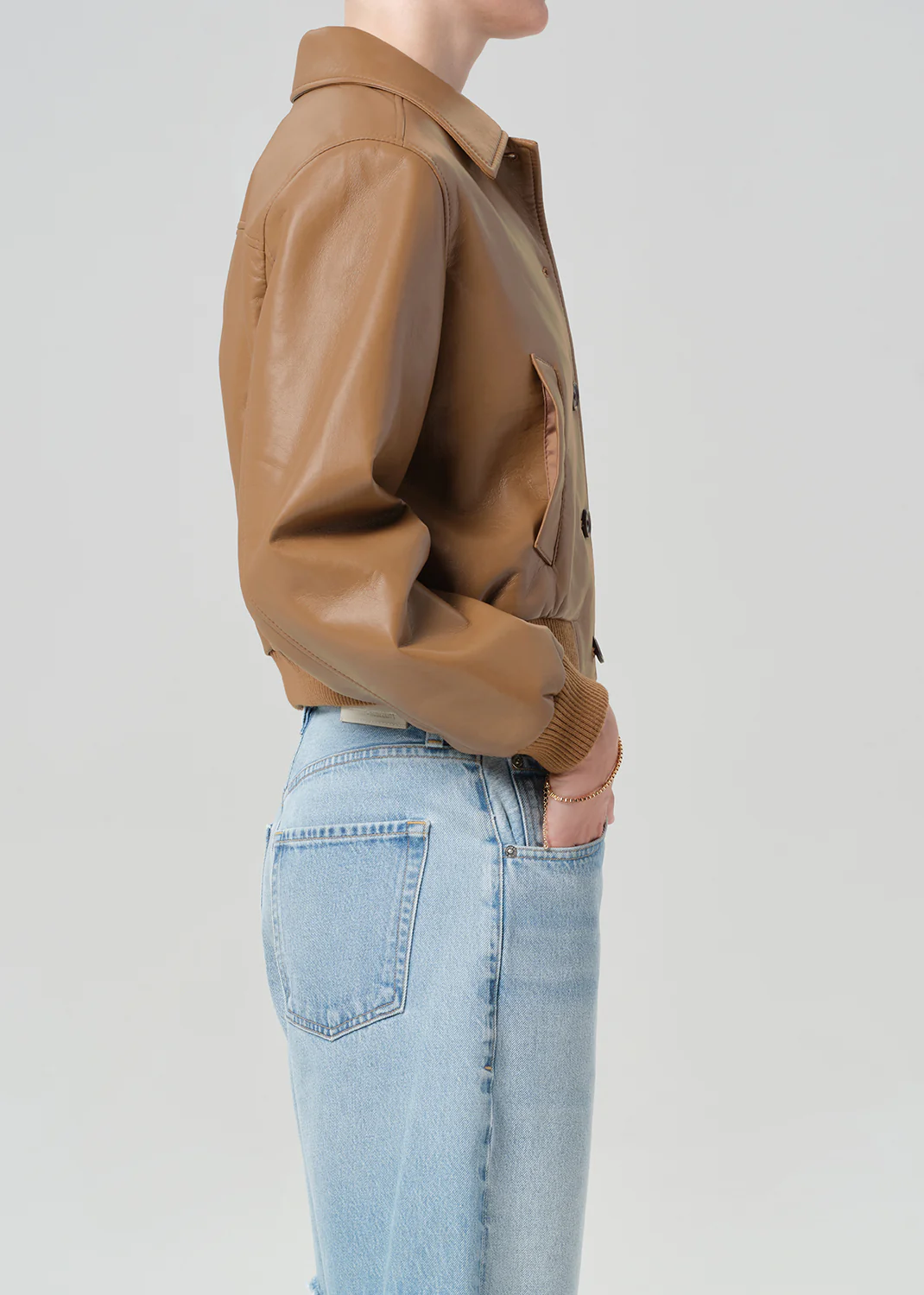 Lola Bomber Recycled Leather Jacket in Pale Toffee - Image 3