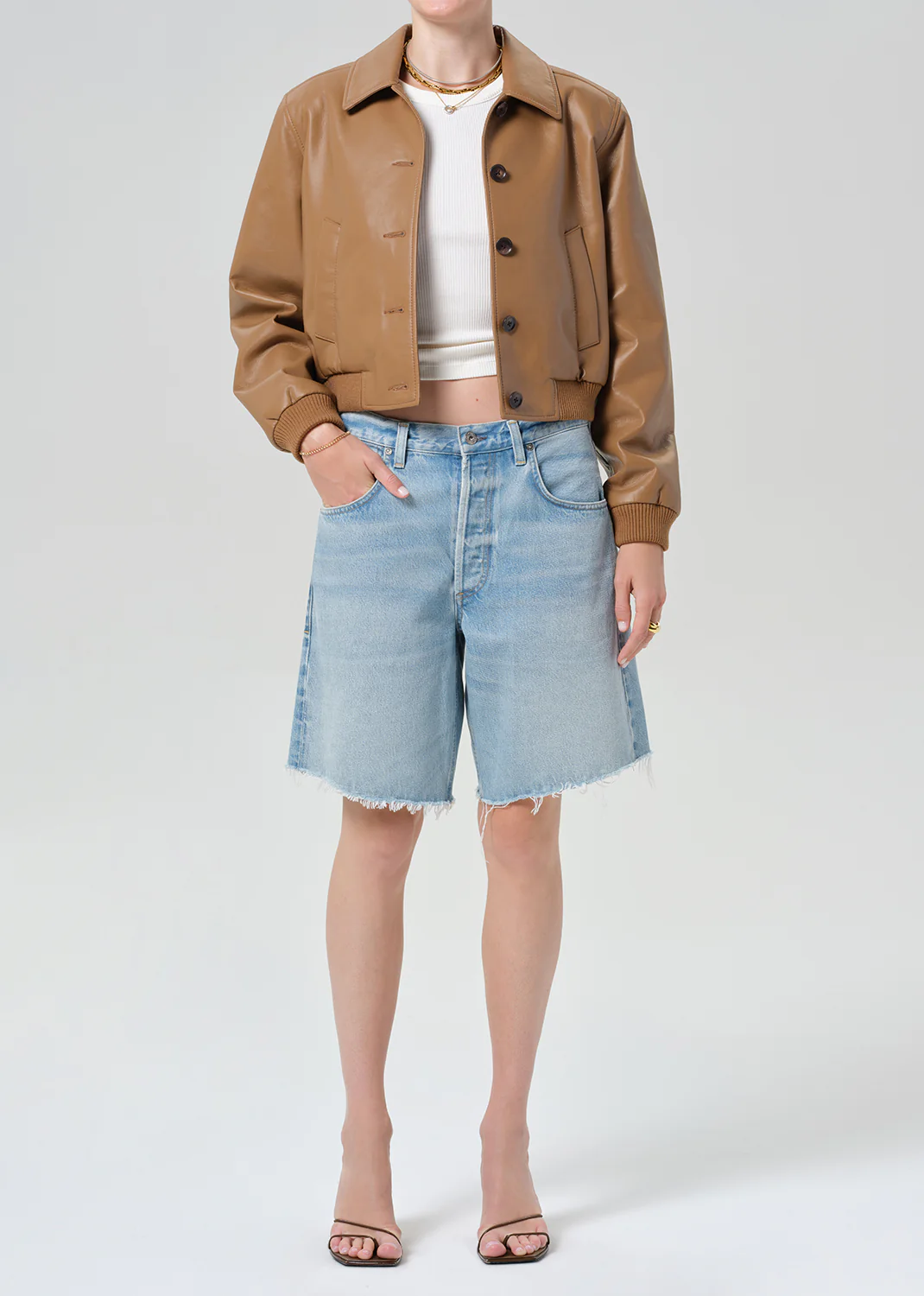 Lola Bomber Recycled Leather Jacket in Pale Toffee - Image 5