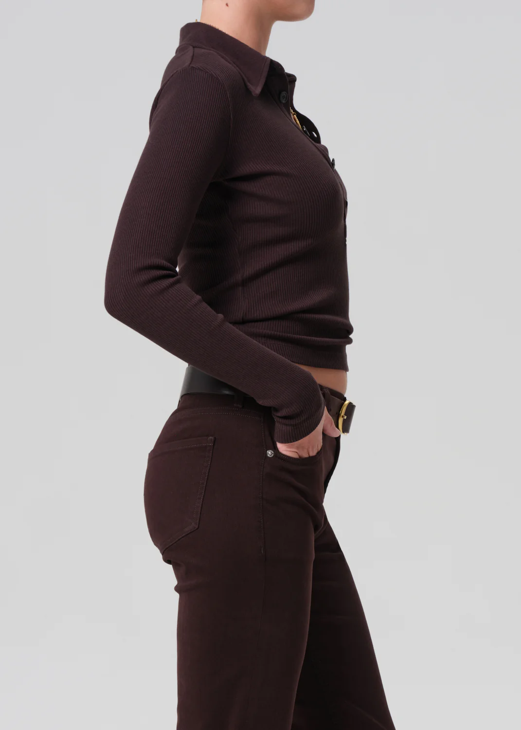 Long Sleeve 60's Polo in Chocolate - Image 3