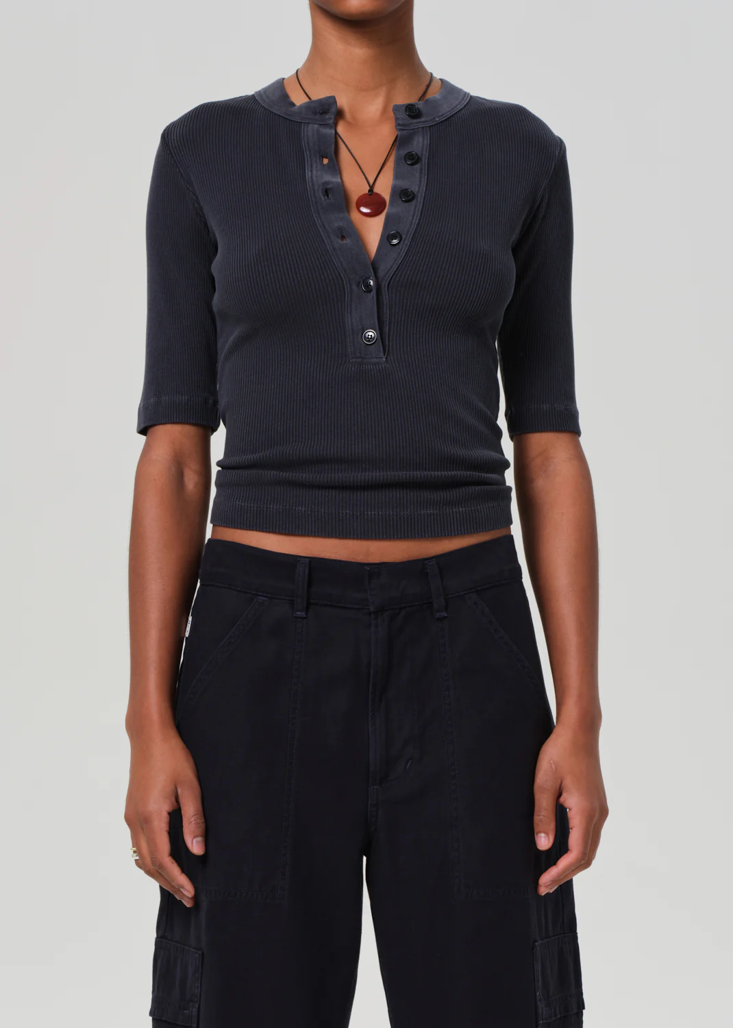 Nali Short Sleeve Henley in Charcoal