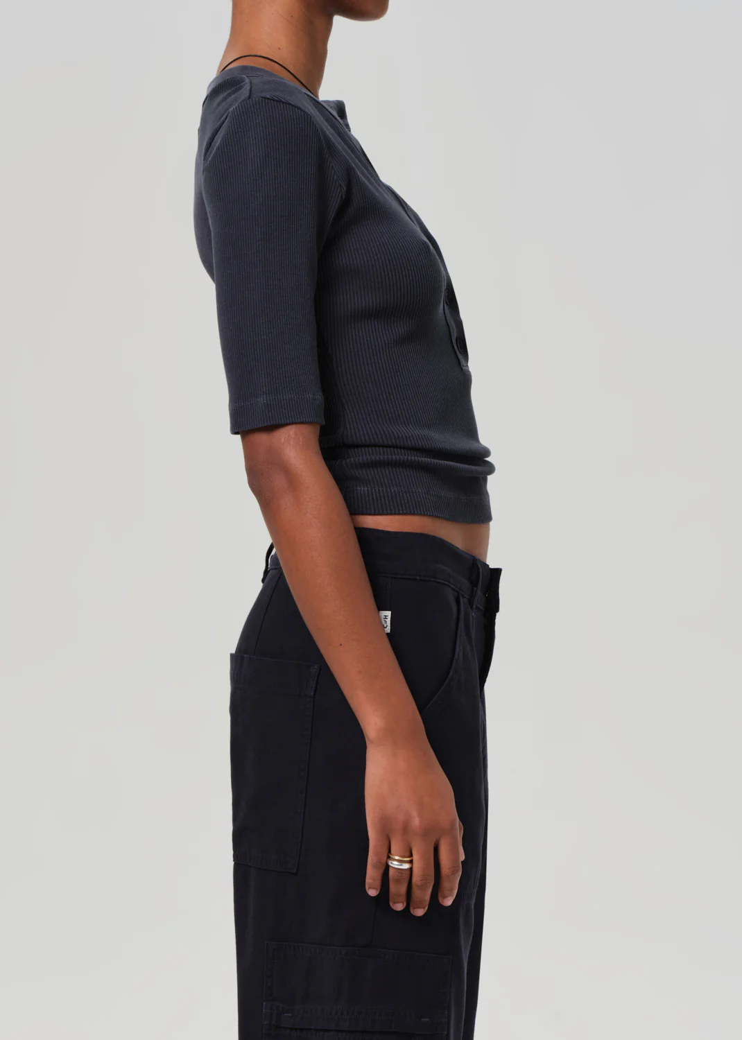Nali Short Sleeve Henley in Charcoal - Image 3