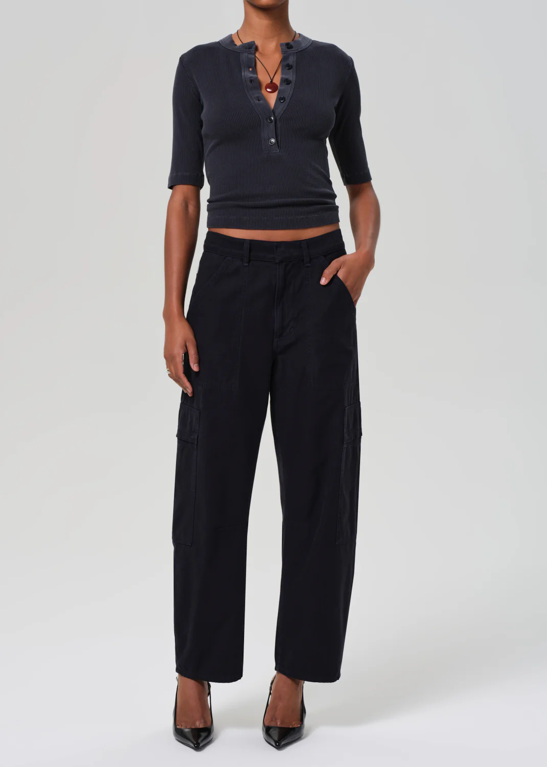 Nali Short Sleeve Henley in Charcoal - Image 5
