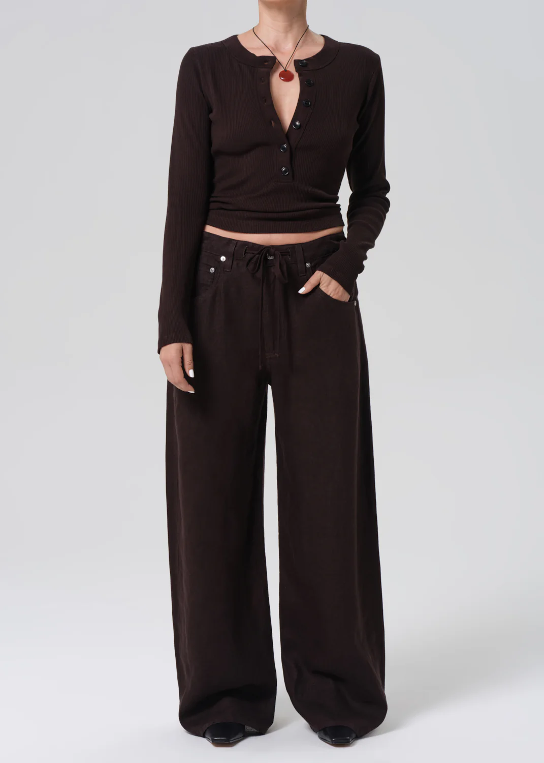 Petite Brynn Drawstring Linen Trouser in Chocolate
