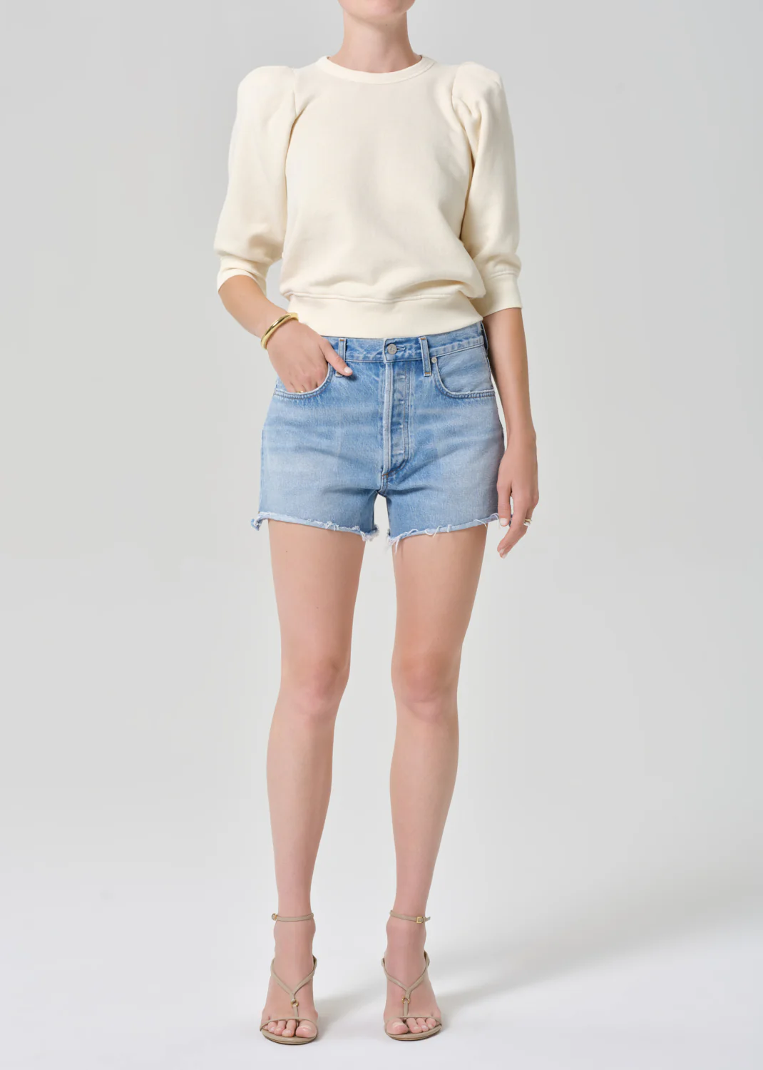 Pleated Short Sleeve Crew in Cream - Image 5