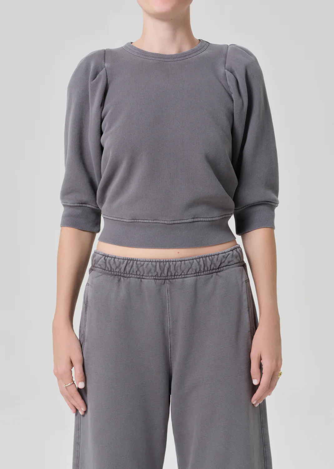 Pleated Short Sleeve Crew in Dark Grey