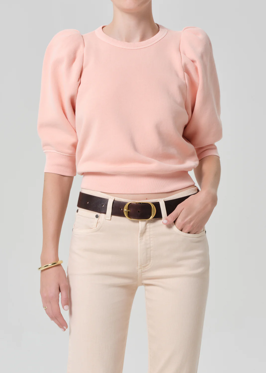 Pleated Short Sleeve Crew in Melon Creme